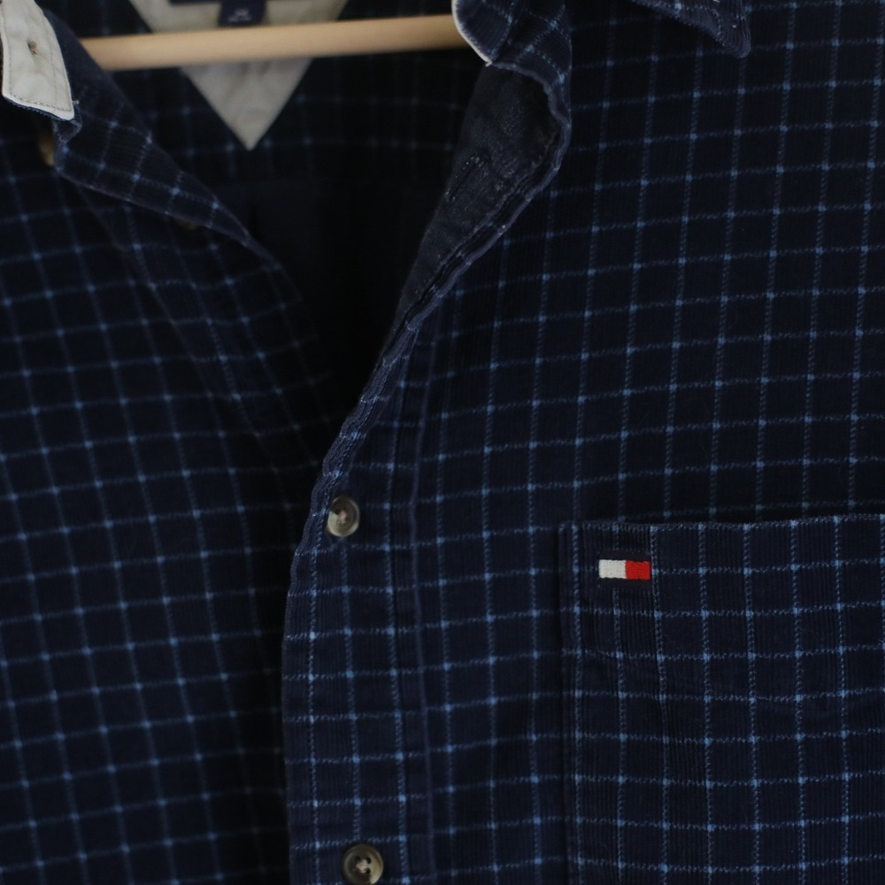 Y2K Tommy Hilfiger Mens‎ Navy Blue Grid Check Corduroy Button Down Shirt Size M - Picture 3 of 7